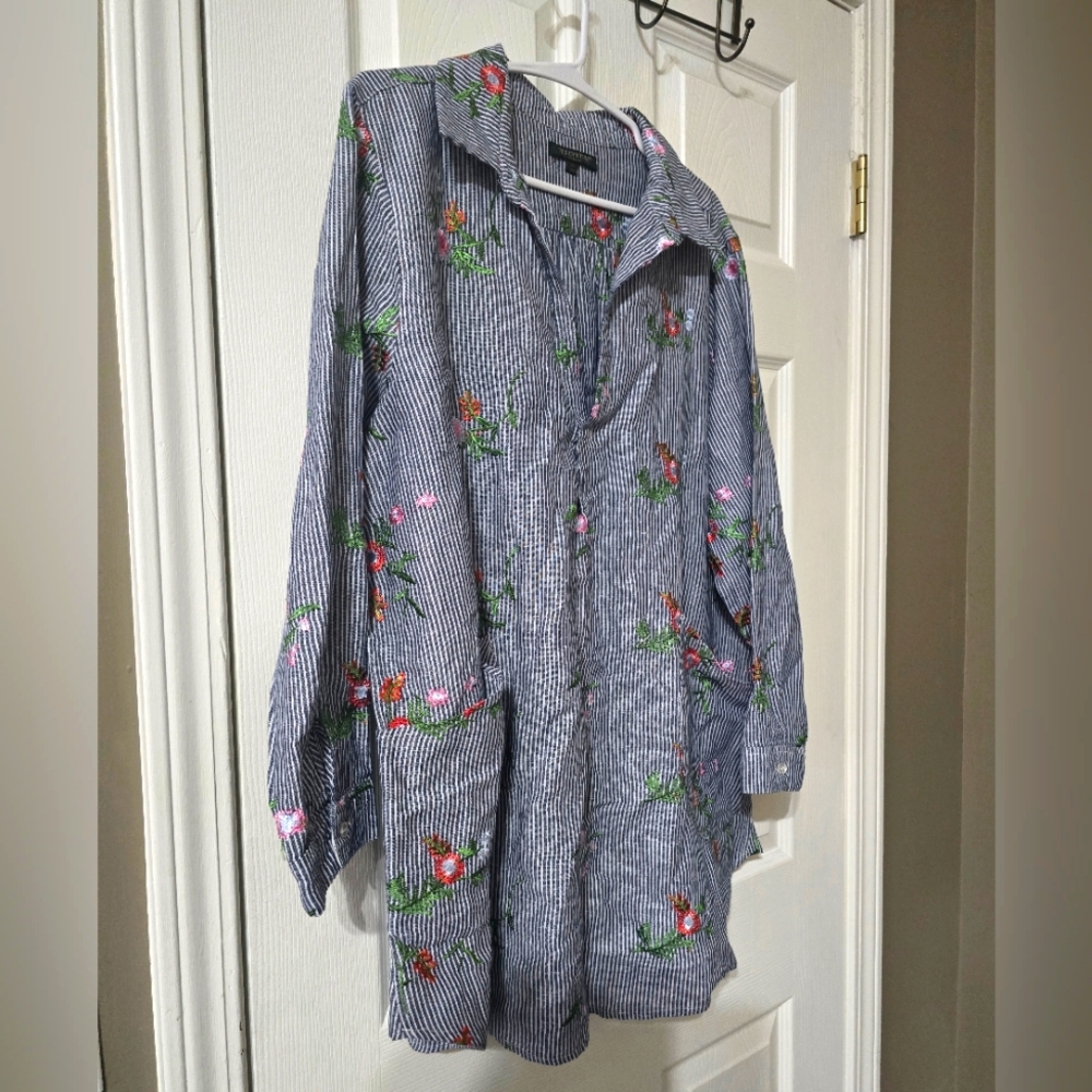 For Cynthia Linen & Cotton Striped Floral Embroidered Popover Tunic, Sz 2X, EUC! - Picture 6 of 14
